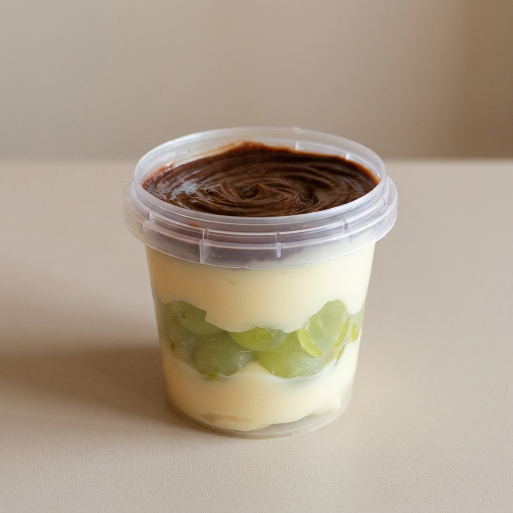 Camadas de brigadeiro de ninho cremoso, uvas verdes sem semente e brigadeiro meio amargo. Pote de 220ml