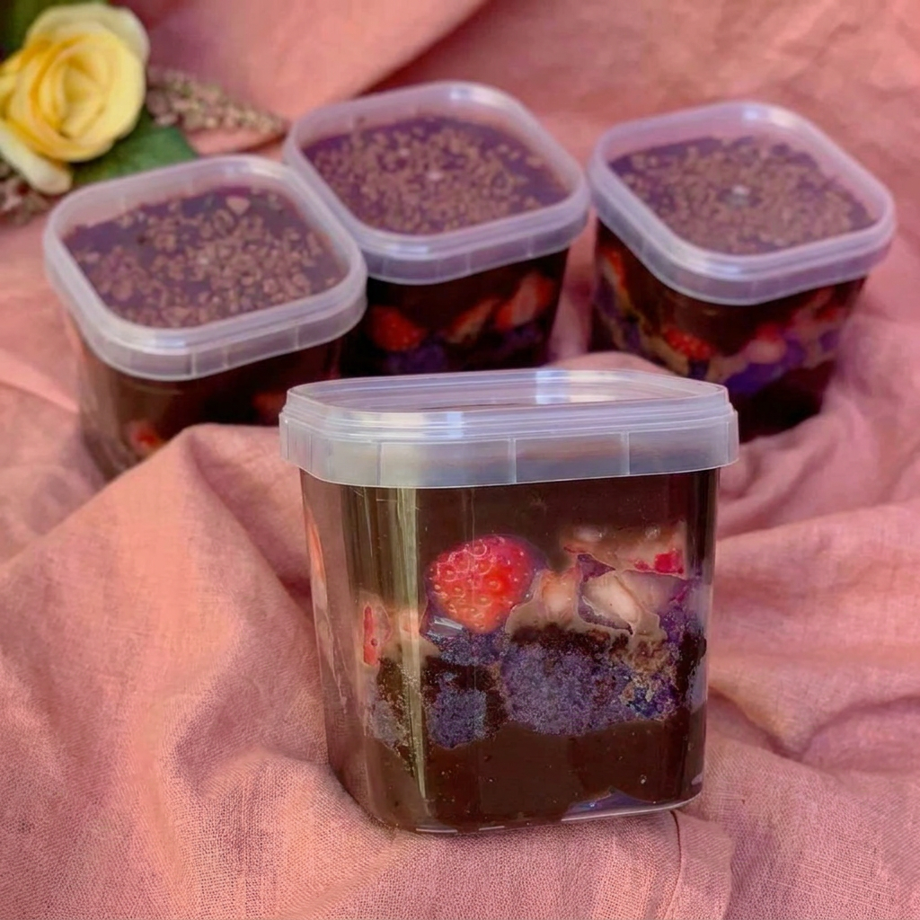 massa fofinha de chocolate, recheio cremoso de brigadeiro meio amargo e pedaços suculentos de morango frescos, que trazem frescor e equilíbrio ao sabor.”Pote de 220ml