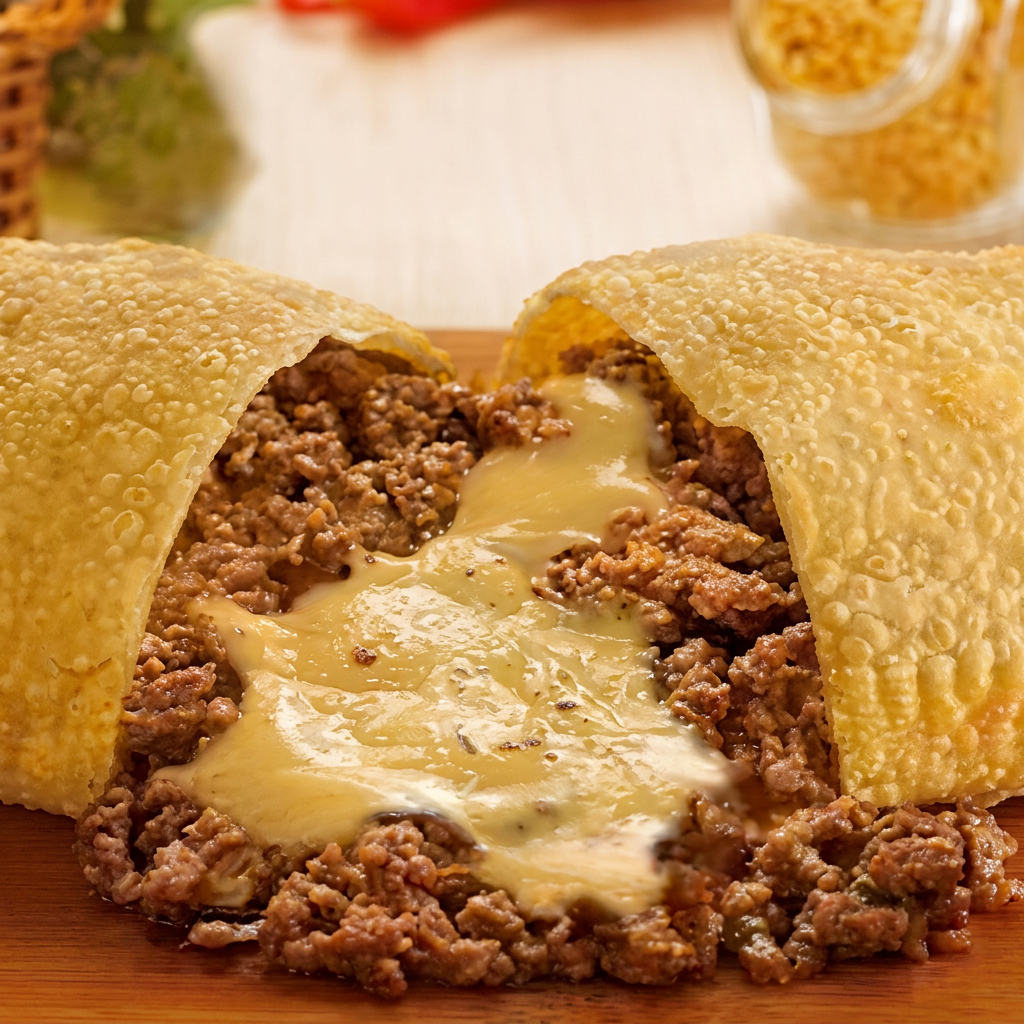 Carne moída bem temperadinha com o clássico queijo muçarela.