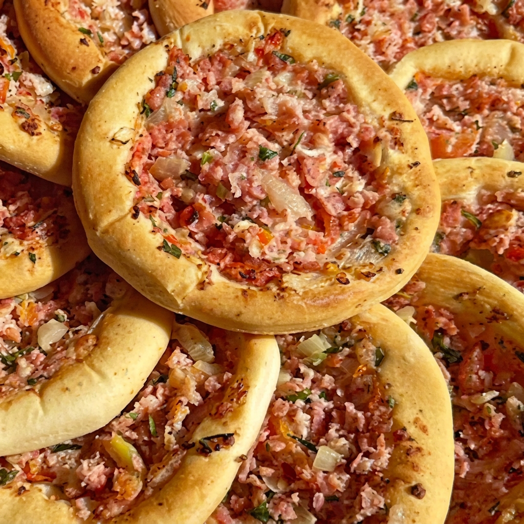 Esfiha aberta de calabresa, com um toque picante e sabor inconfundível, perfeita para os amantes de sabores intensos.