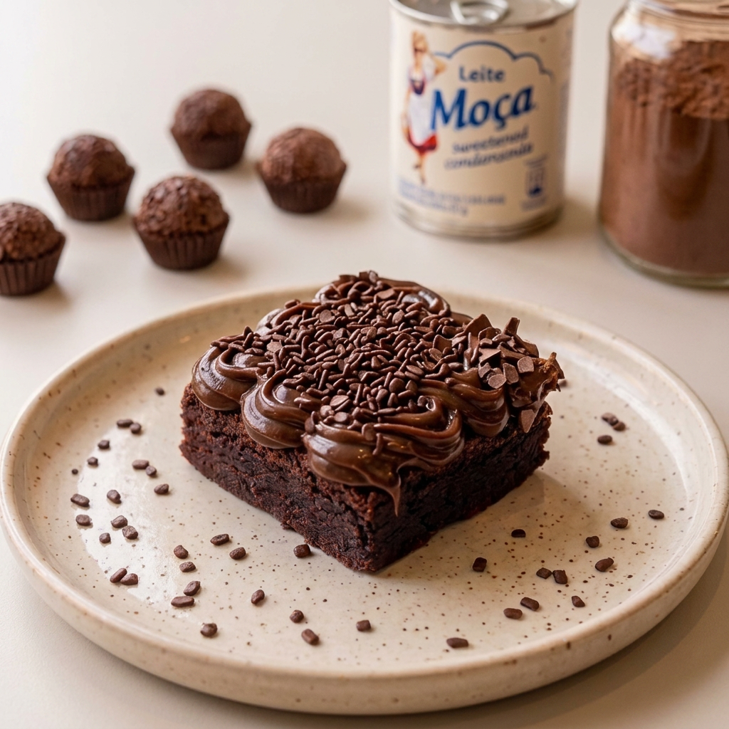 Nosso tradicional brownie com casquinha crocante por fora e muito macio, coberto até o topo com brigadeiro gourmet cremoso de colher.