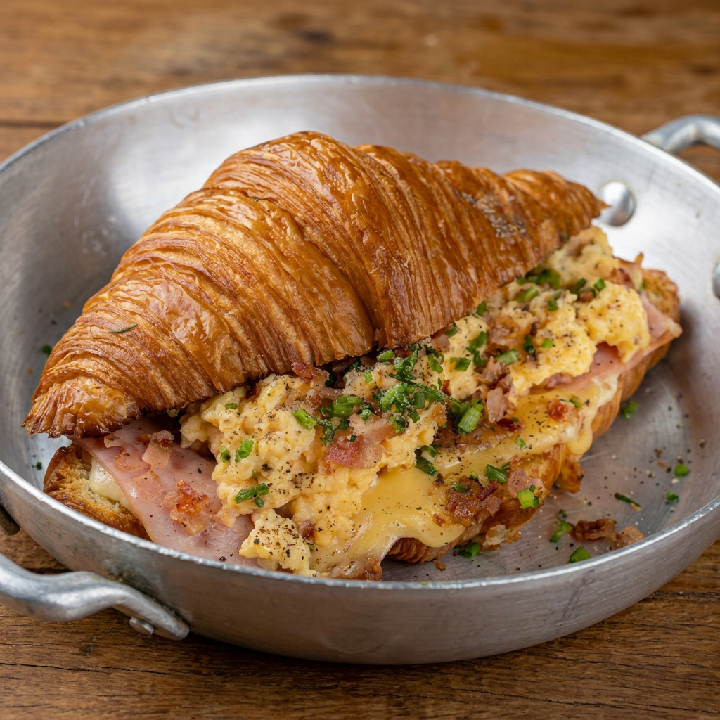 Servido no croissant com queijo, presunto, ovos mexido, farofinha de bacon e ciboulette