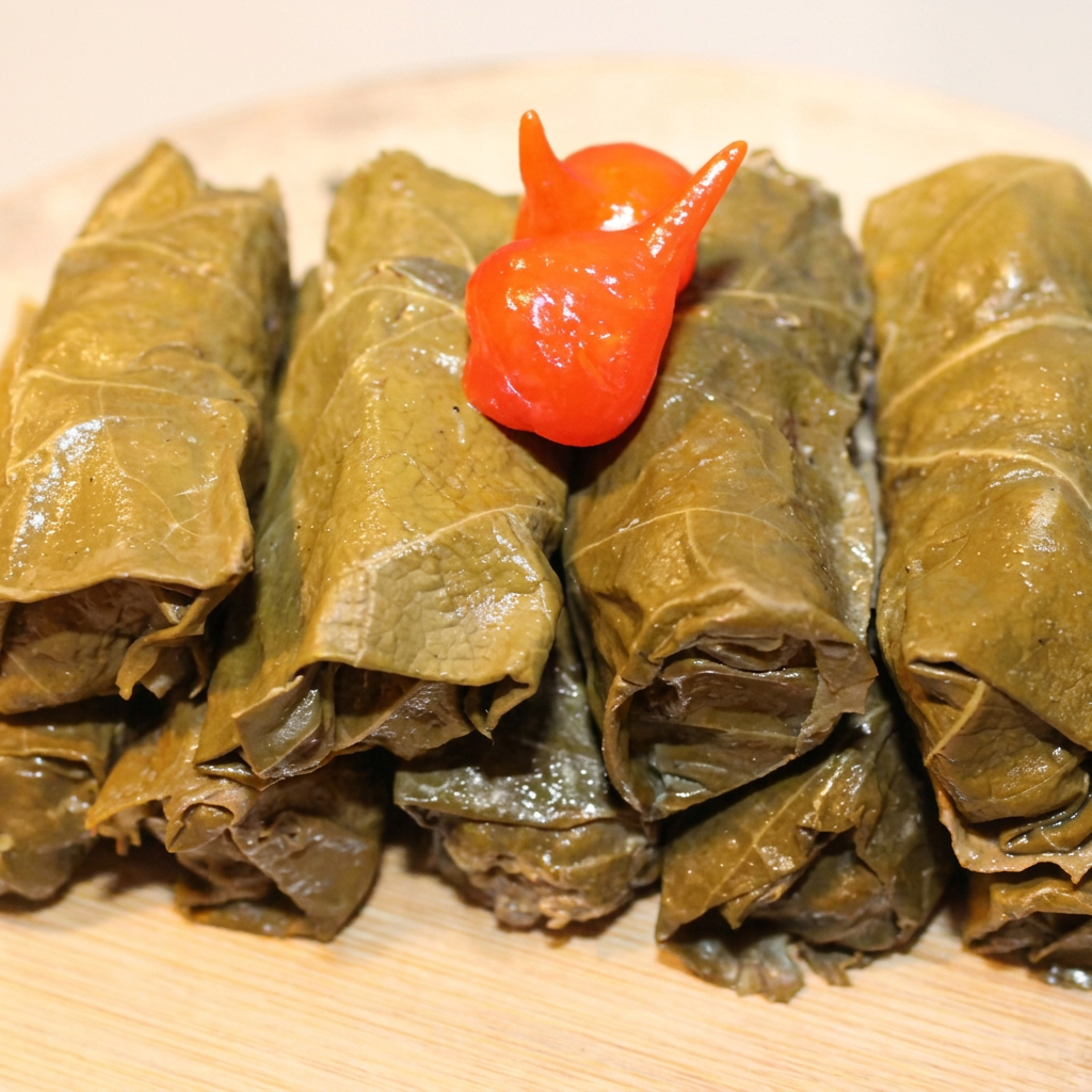9 unidades de folhas de uva, enroladas uma a uma, com saboroso recheio de arroz e carne.