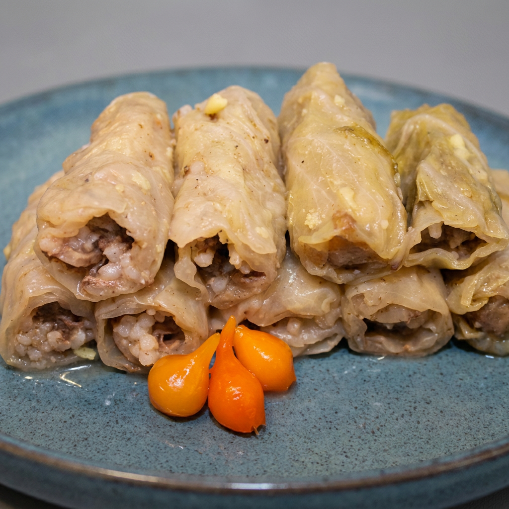 9 unidades de folhas de repolho cozido, enroladas uma a uma, com recheio de arroz e carne, temperados à nossa moda.