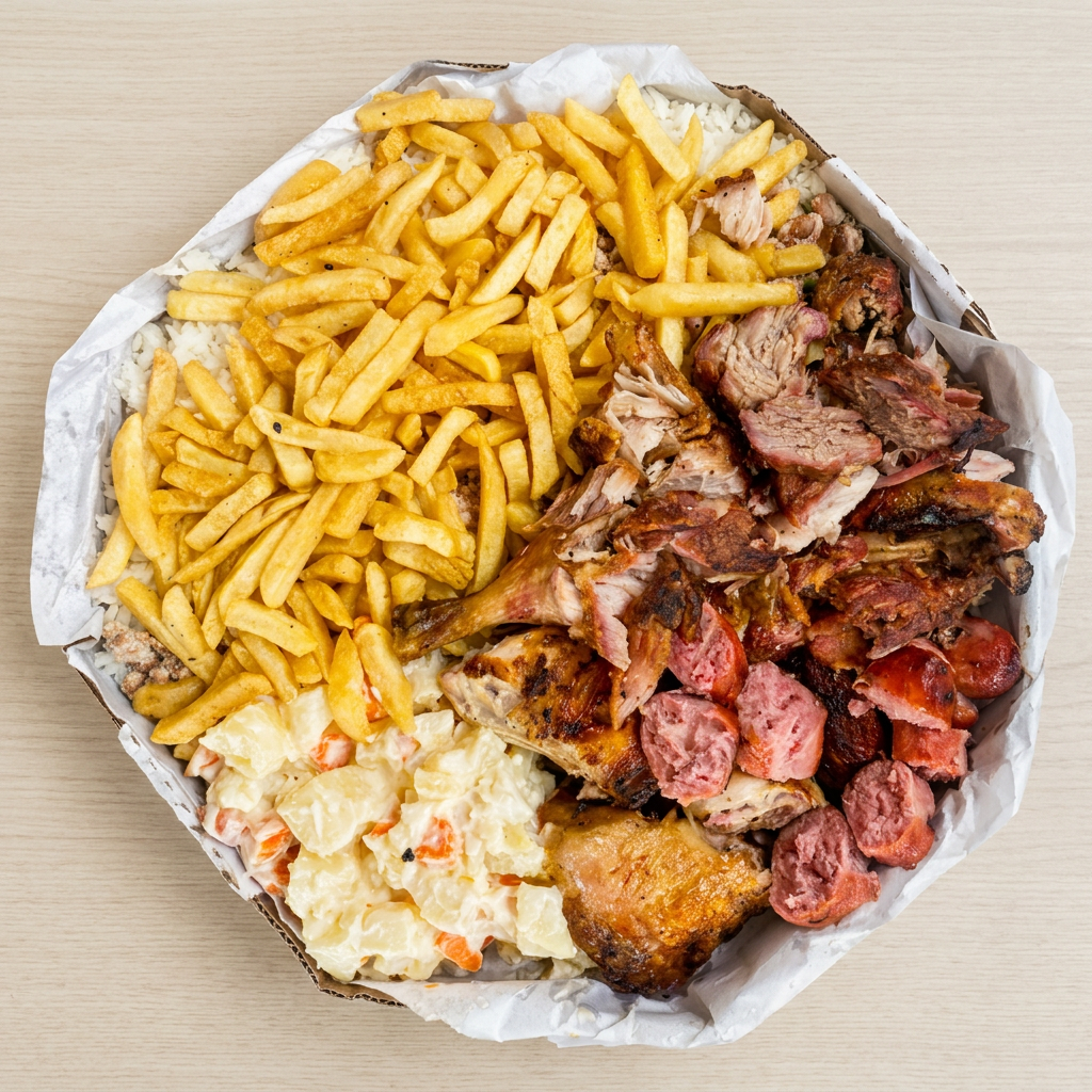 Caixa de churrasco caprichada com frango assado, paleta suína, costela suína, batata frita, linguiça suína, salada de maionese, feijão tropeiro, molho a campanha e farofa. 35 cm, serve 5 pessoas