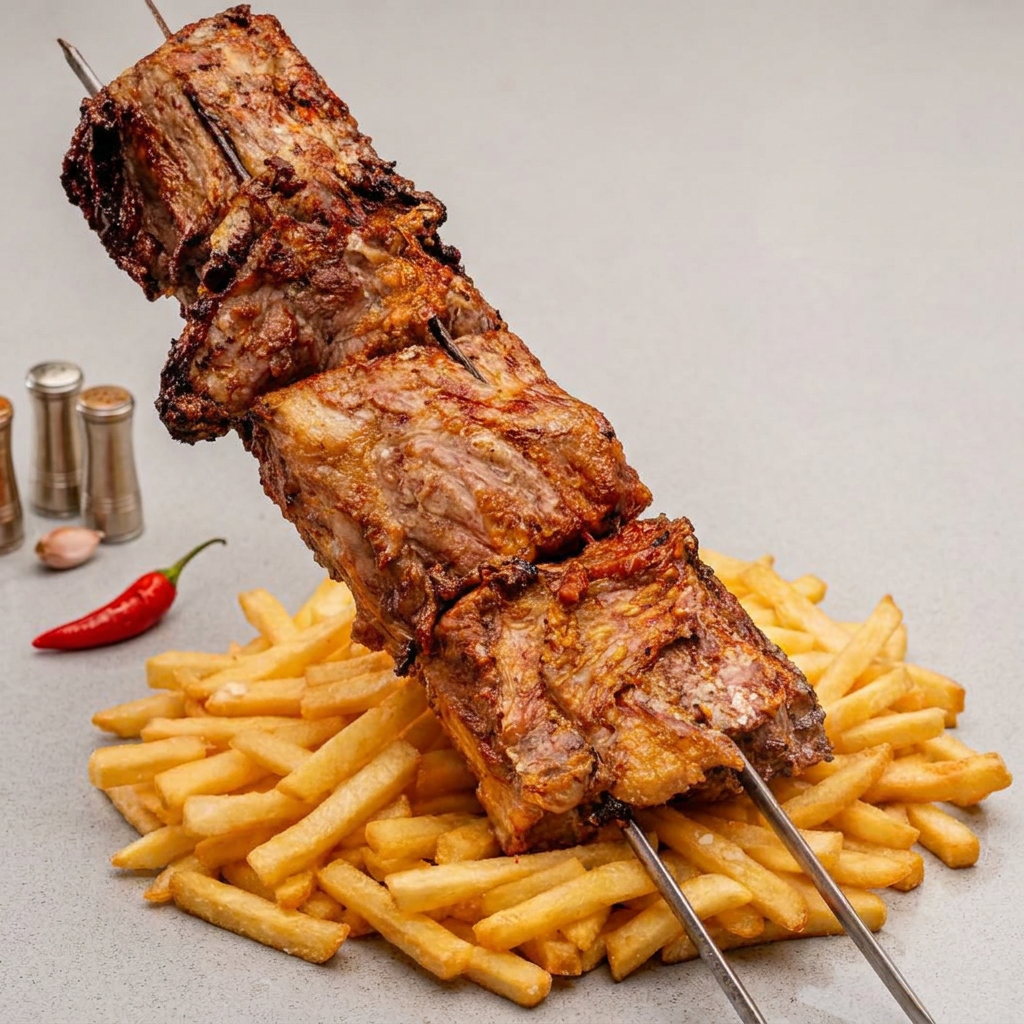 Costela suína com barriga, macia, suculenta, com batata frita crocante. Serve 3 pessoas