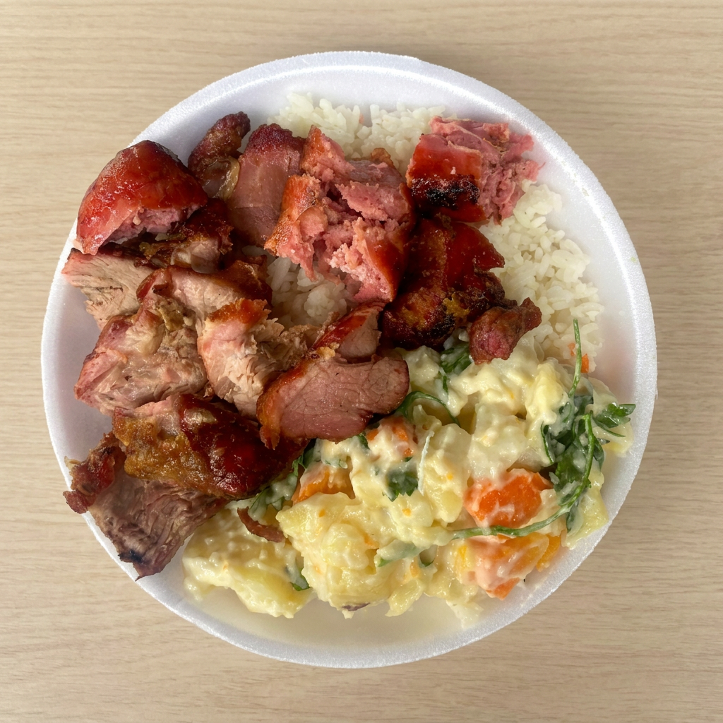 Costela suína, paleta suína, linguiça, Arroz Branco, feijão tropeiro e salada de maionese