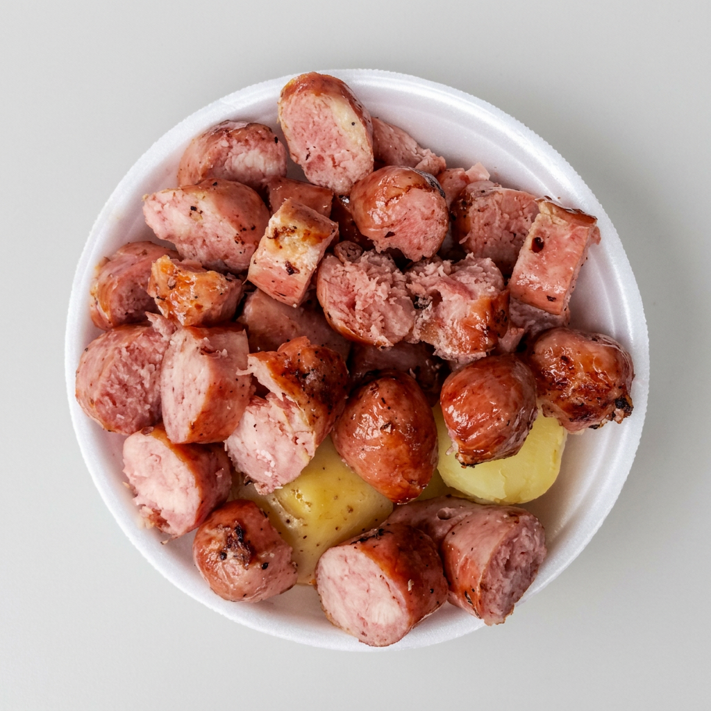 Porção de linguiça suína com batata e farofa, serve 3 pessoas