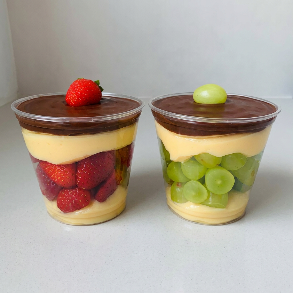 Delicioso recheio de Ninho Cremoso com Morango e uvas selecionadas e finalizado com brigadeiro 50% cacau. Copo de 150ml.