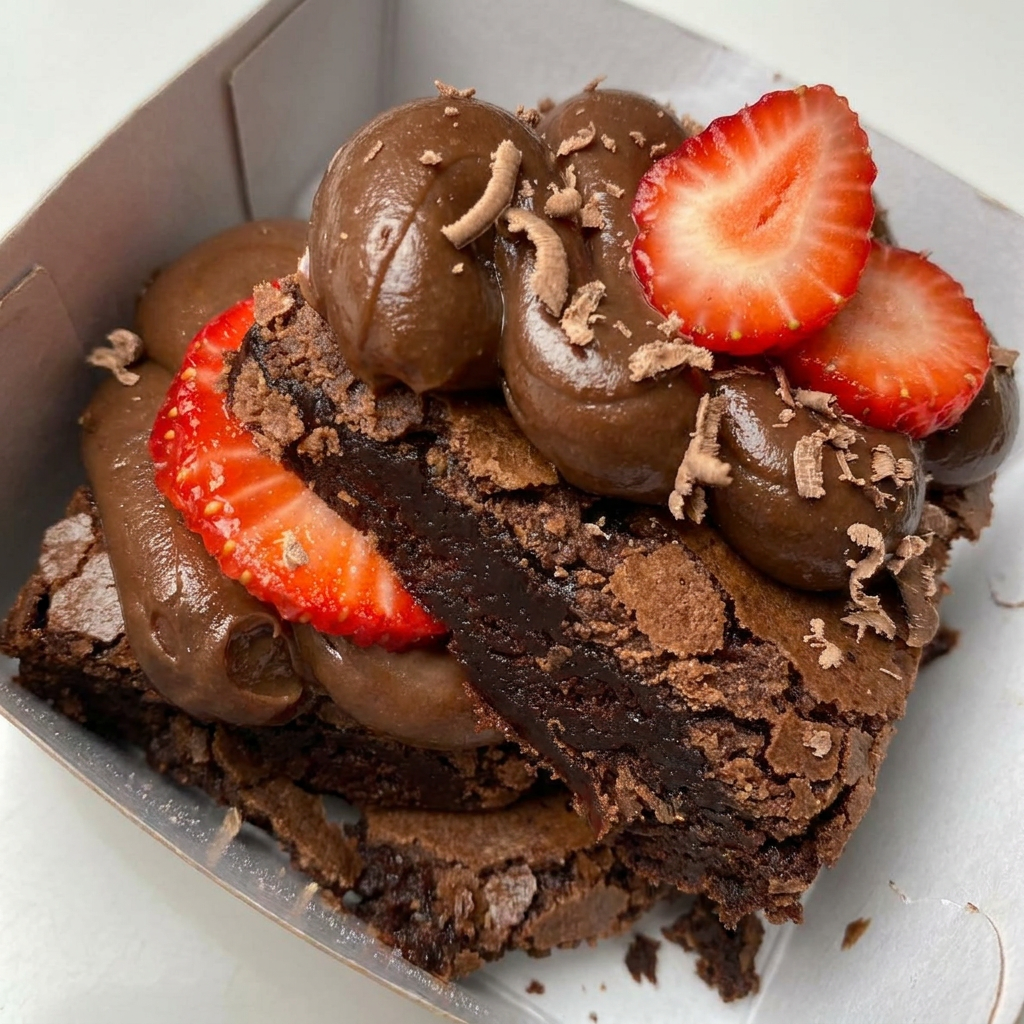 Creme de brigadeiro |pedaços de morango |brownie.