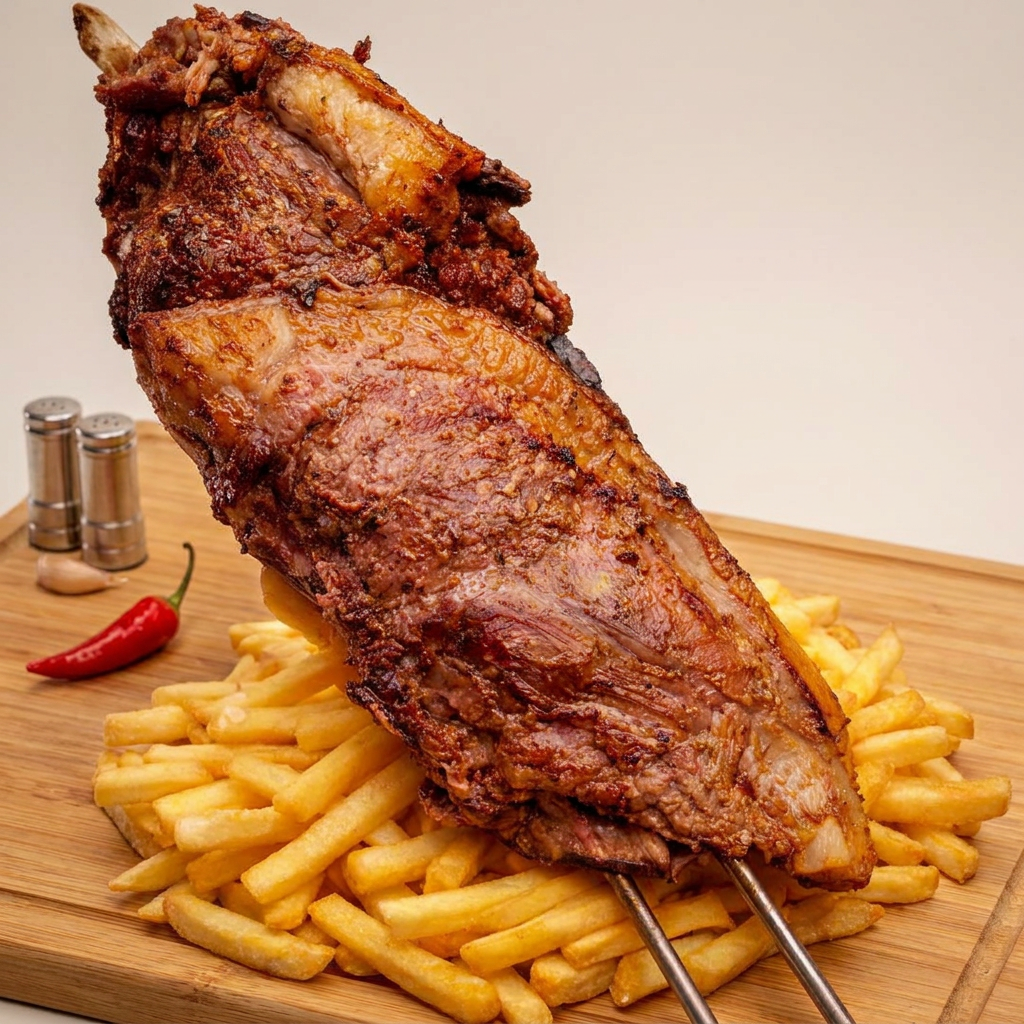 Paleta suína suculenta, macia e caprichada com batata frita crocante. serve 3 pessoas