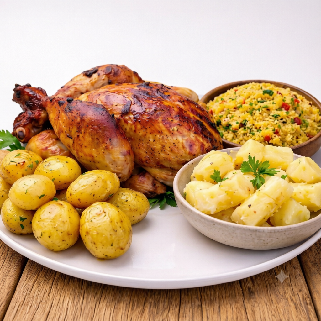 Frango Assado + batata calabresa + aipim + farofa