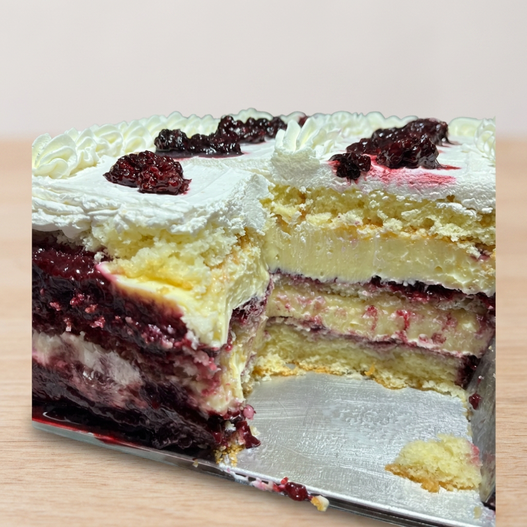 Deliciosa torta massa baunilha recheada com creme de limão siciliano e geleia de frutas vermelhas. Peso Aprox 300gr