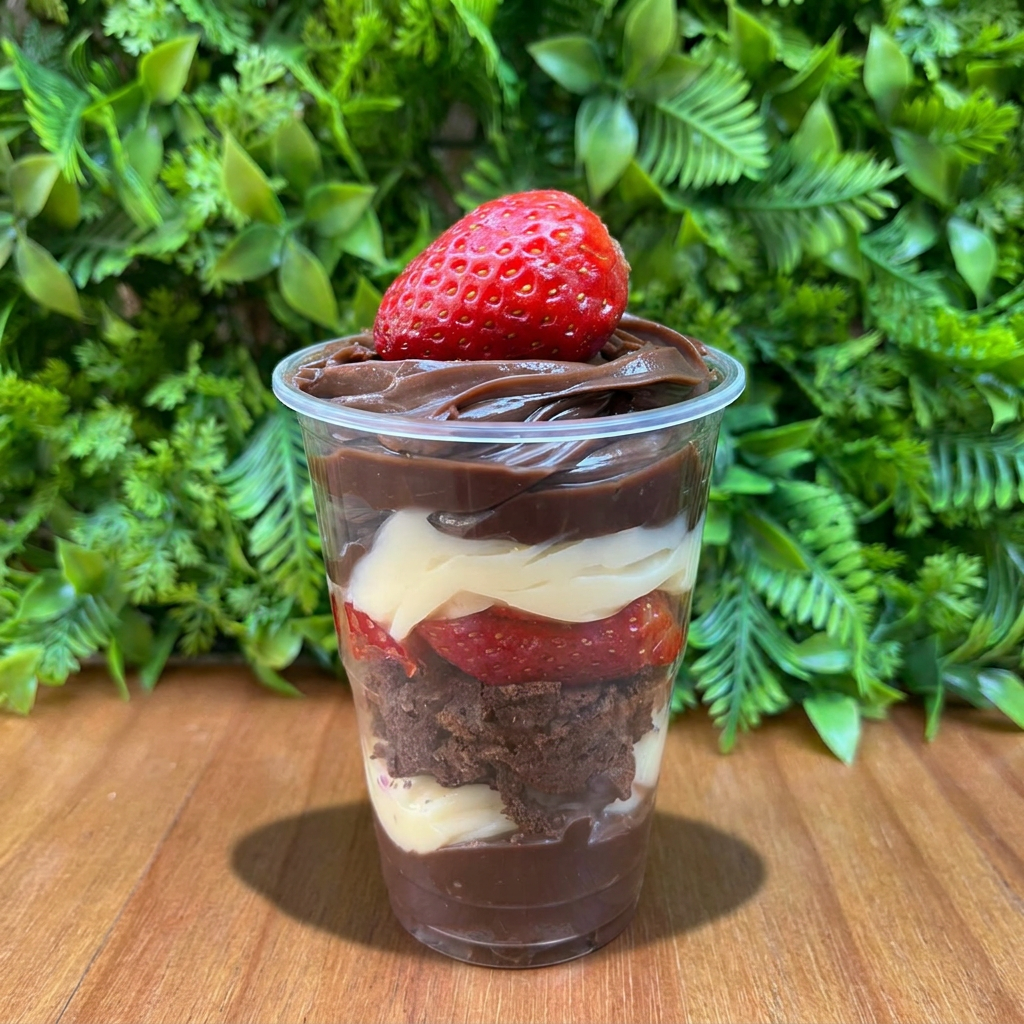 Delicioso copo feito com creme ninho , brownie bem molhadinho , brigadeiro gourmet 50% e morangos fresquinho. 250ml
