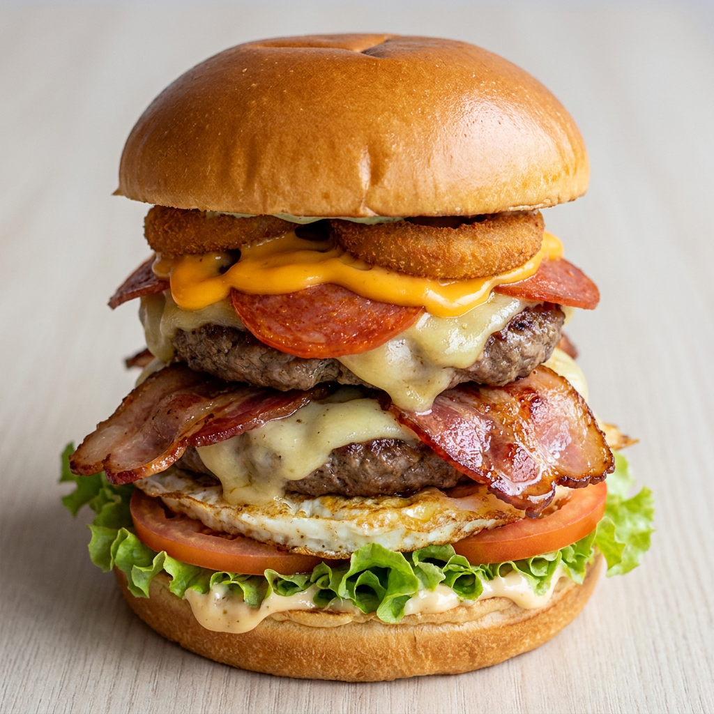 Braserio Kameel Duplo – Pão brioche, dois hambúrgueres artesanais 150g, cheddar, queijo prato, bacon crocante, cebola onion rings ,peperone,ovo ,alface, tomate e maionese da casa.