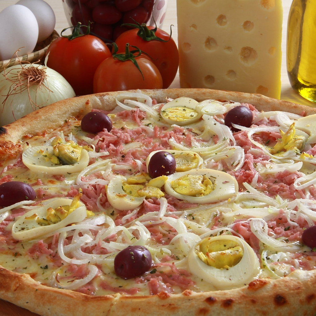 Molho de tomate, mussarela, presunto, tomate, cebola, ovo, azeitona e orégano