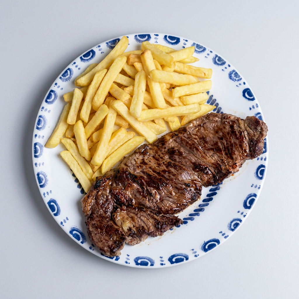 Comercial de contra filé. Acompanha: arroz, feijão, salada e fritas.