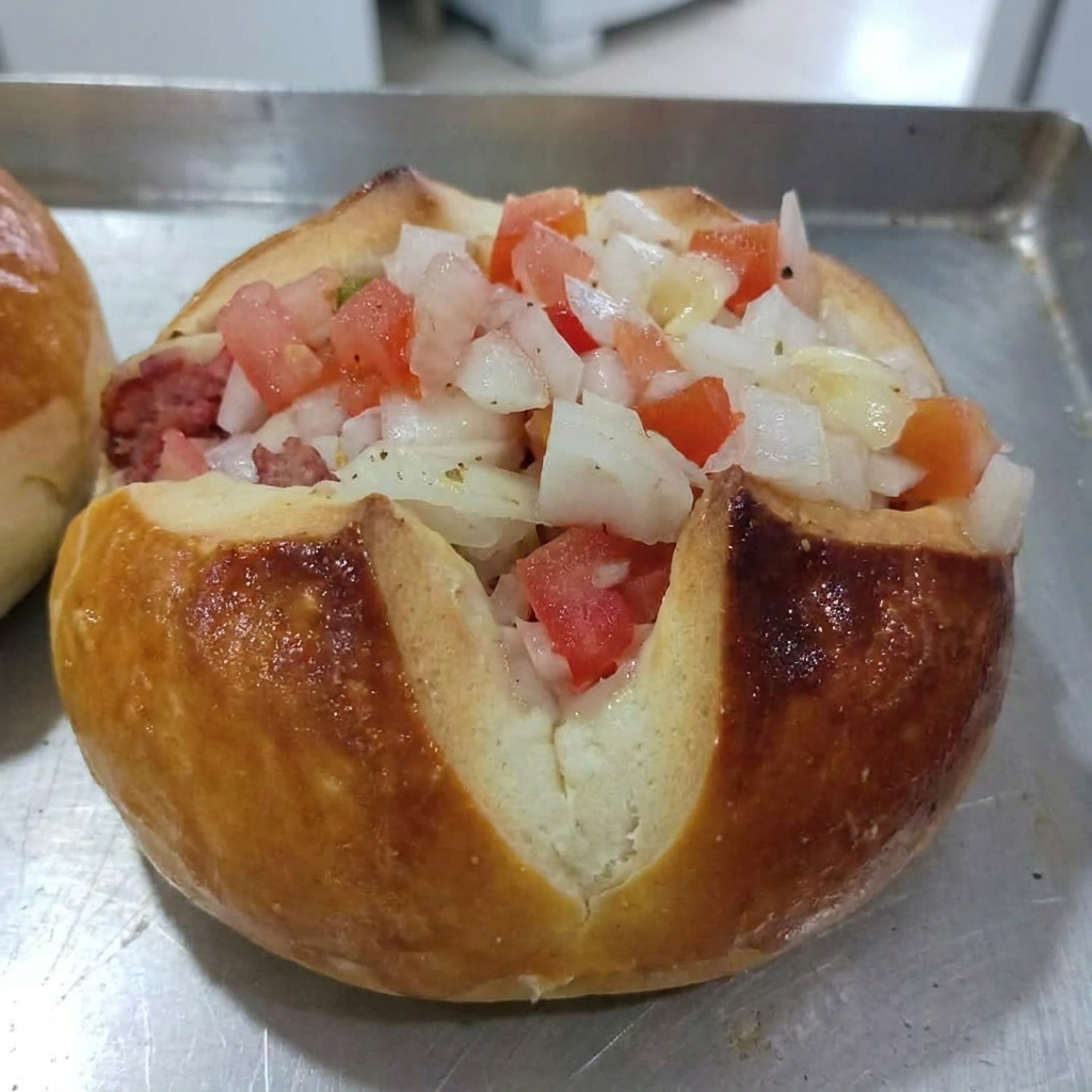 Massa doce macia, recheada com calabreza moída,Catupiry e vinagrete