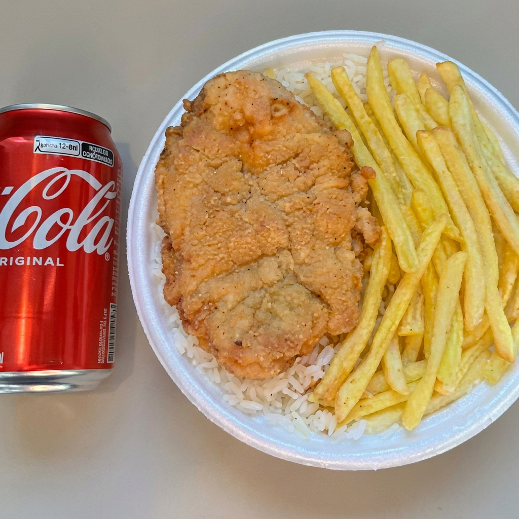 quentinha com Arroz, feijão batata e frango milanesa