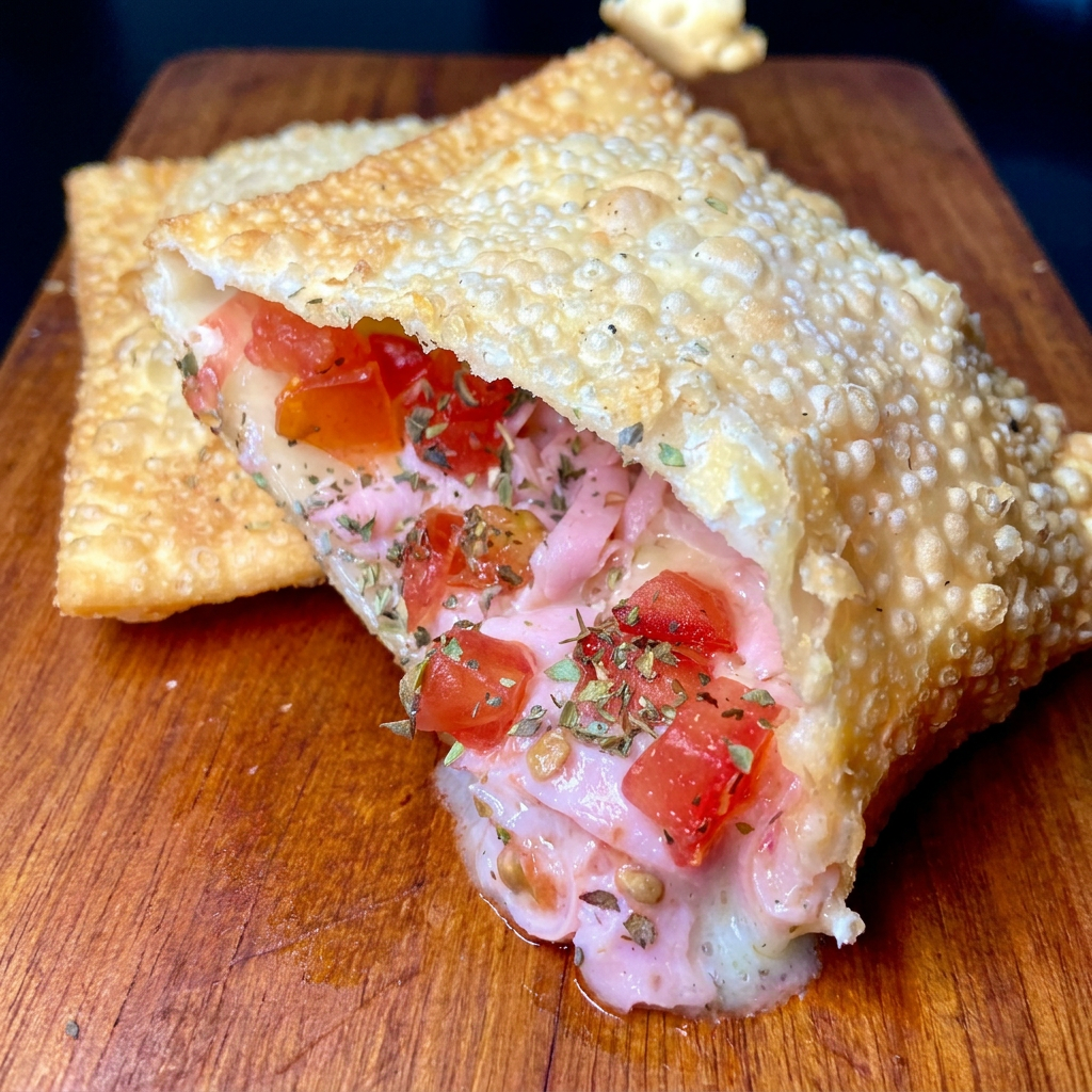 Um Pastel recheado com uma mistura de presunto, mussarela e catupiry. Uma opção deliciosa e cheia de sabor!