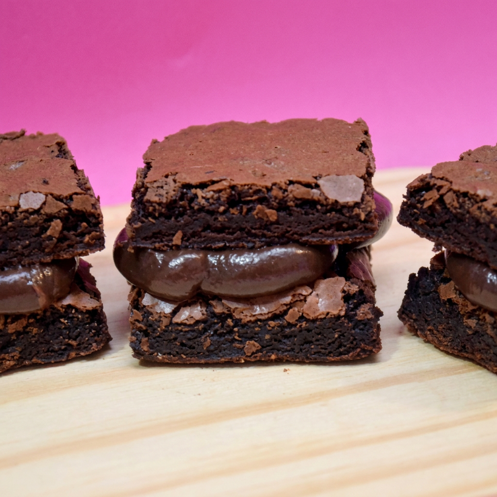 Delicioso brownie 50% cacau, recheado com um cremoso recheio de brigadeiro, uma delicia!