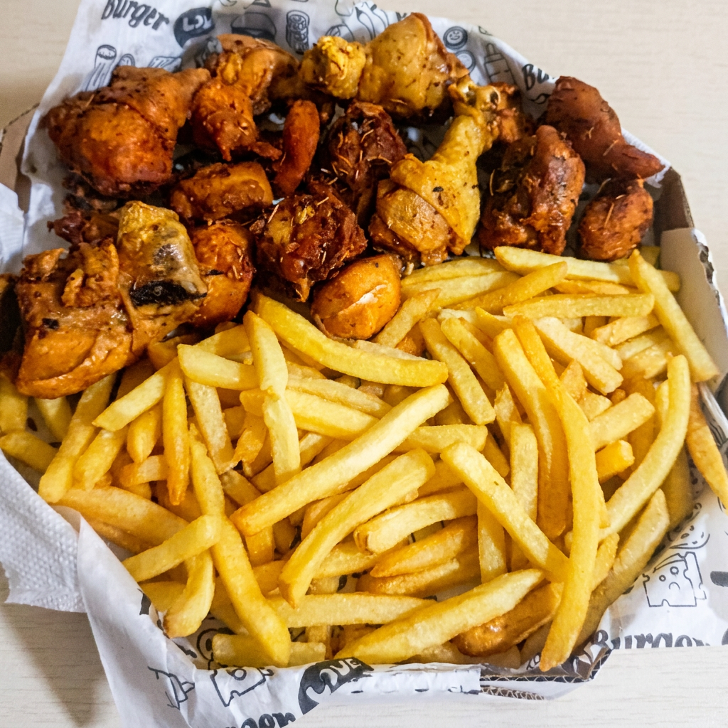 500g de frango a passarinho com batata frita