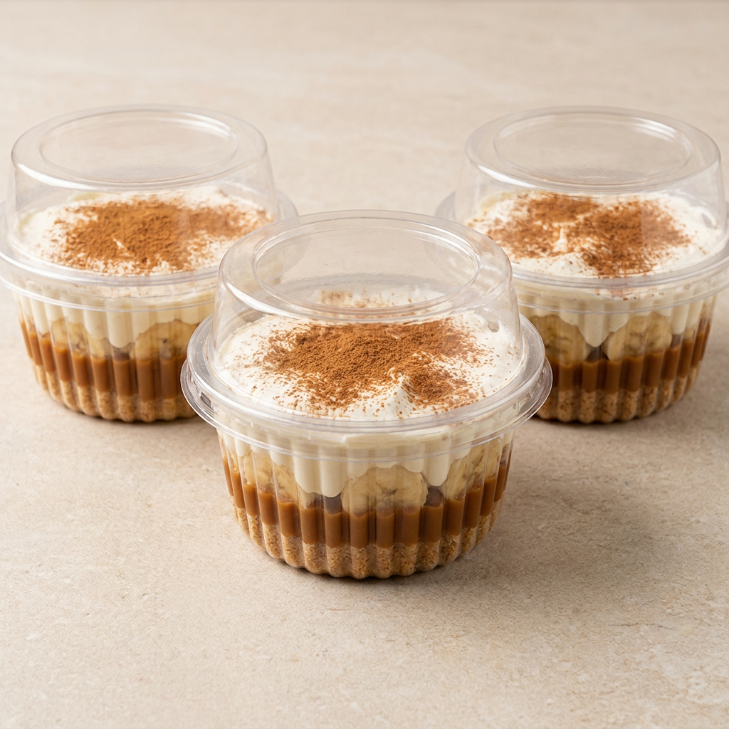 Leva: Massa de biscoito, Doce de leite, Banana, Chantilly e Canela.