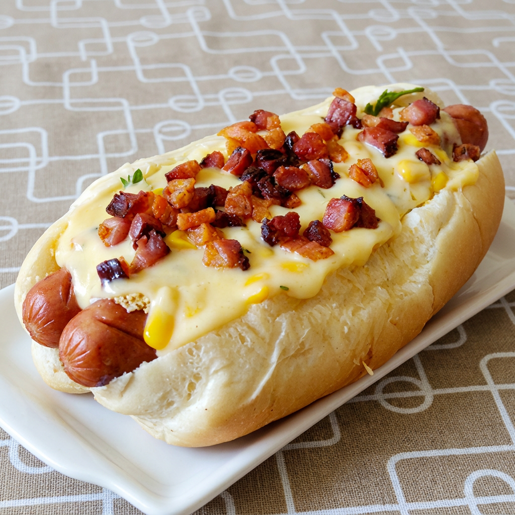 🥓🌭 Hot Dog Duplo Bacon Duas salsichas no pão macio com bacon crocante, molho especial e complementos. Mais recheio, mais sabor e simplesmente irresistível.
