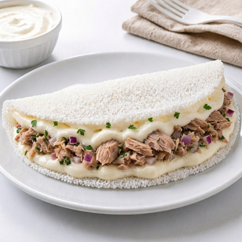Atum bem temperado com muito Catupiry cremoso em uma tapioca leve e simplesmente deliciosa.