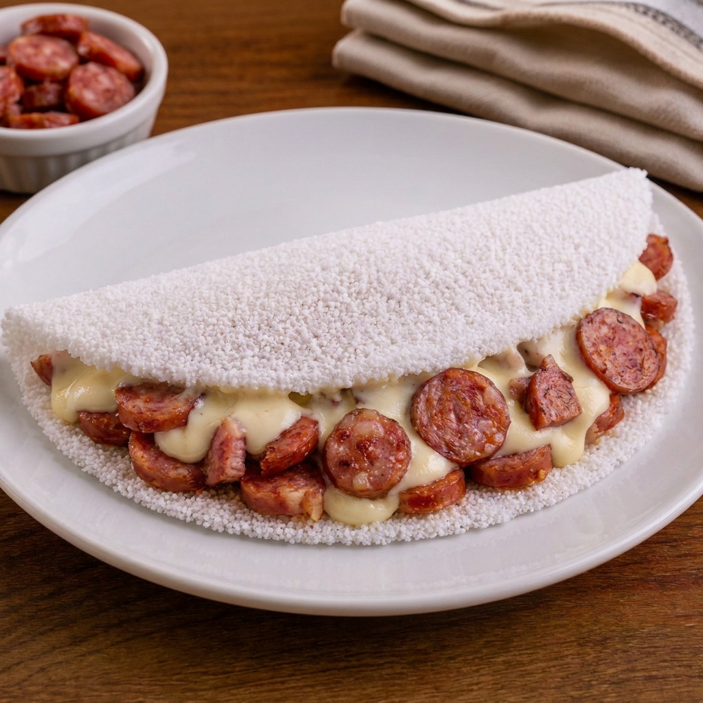 Calabresa moída bem temperada com muito Catupiry cremoso em uma tapioca leve e cheia de sabor.