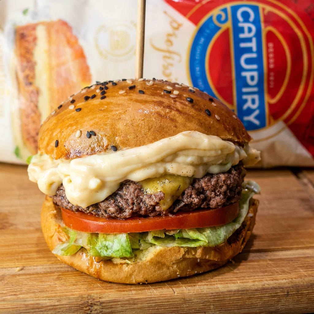 Pão, maionese, hambúrguer 200g, queijo prato, alface, tomate e catupiry.