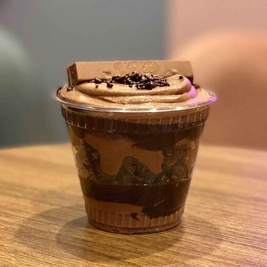 Copo Kitkat (270g): Pedacinhos de brownie combinados com camadas de recheio de chocolate 50%, mousse cremoso de chocolate e um creme crocante especial de Kit Kat.