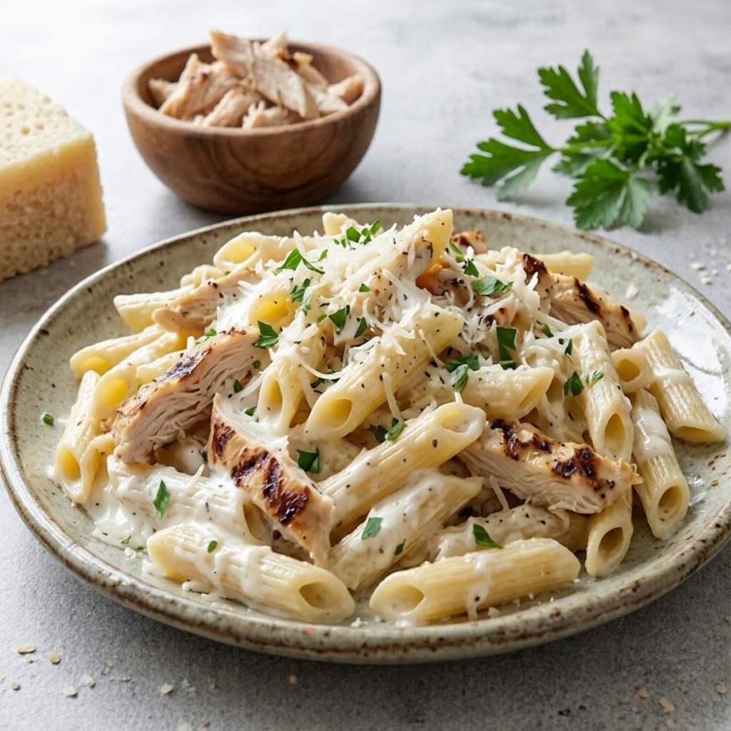 Penne com frango desfiado ao molho branco cremoso.