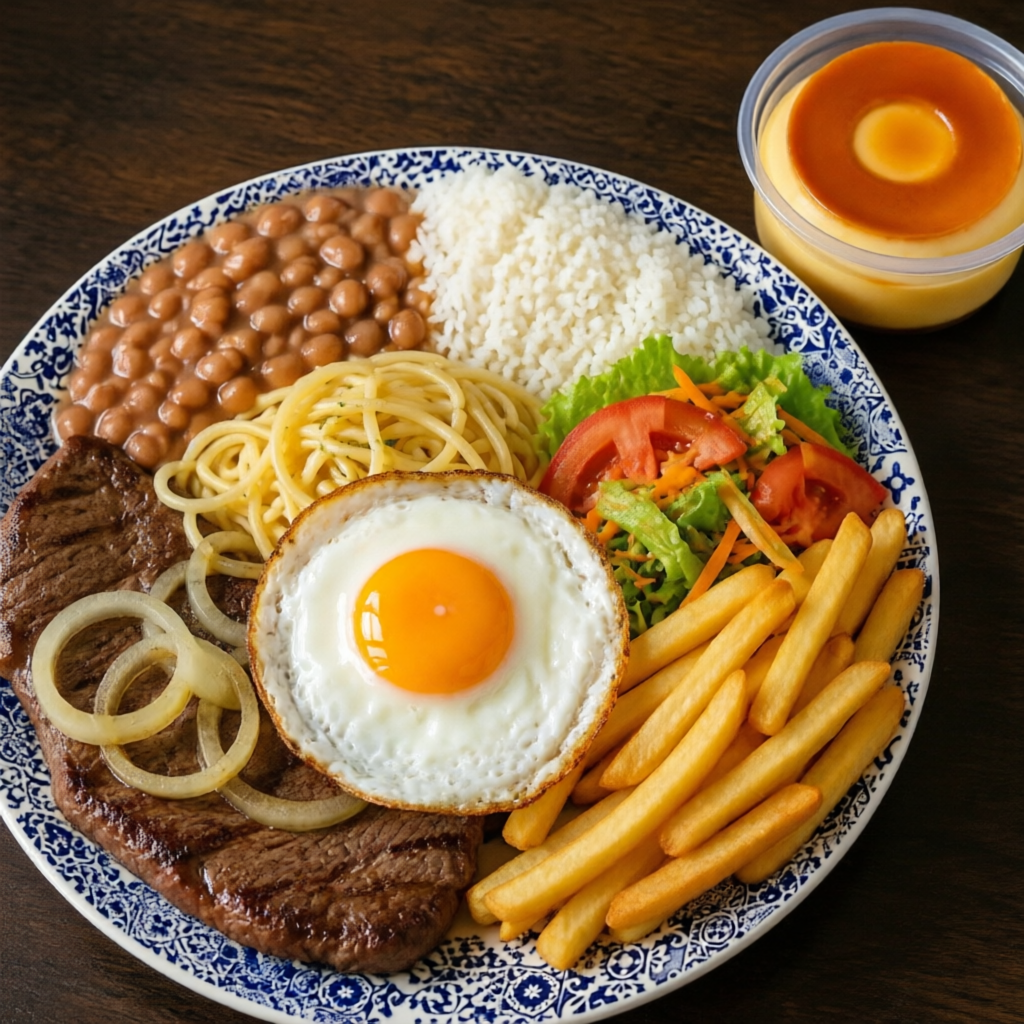 Bife bovino macio e suculento,preparado com tempero especial e cobertor com ovo frito no ponto certo.Acompanha arroz branco soltinho, feijão quentinho, salada fresquinha e batata frita crocante.Refeição completa, saborosa e feita com todo o carinho!