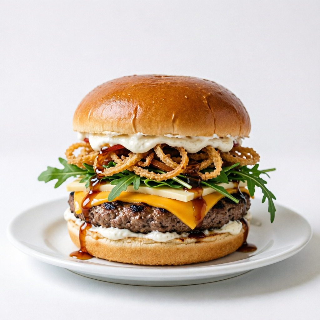 Pão brioche, nossa famosa maionese da casa, burger bovino 200g, queijo cheddar, queijo coalho, rúcula, cebola crispy regada com melaço de cana.