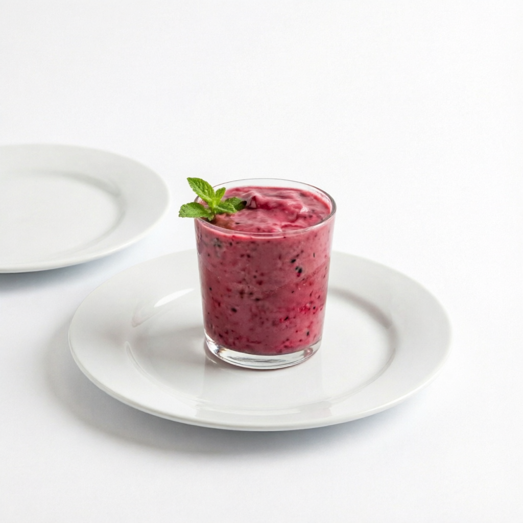 Iogurte natural batido com frutas vermelhas.