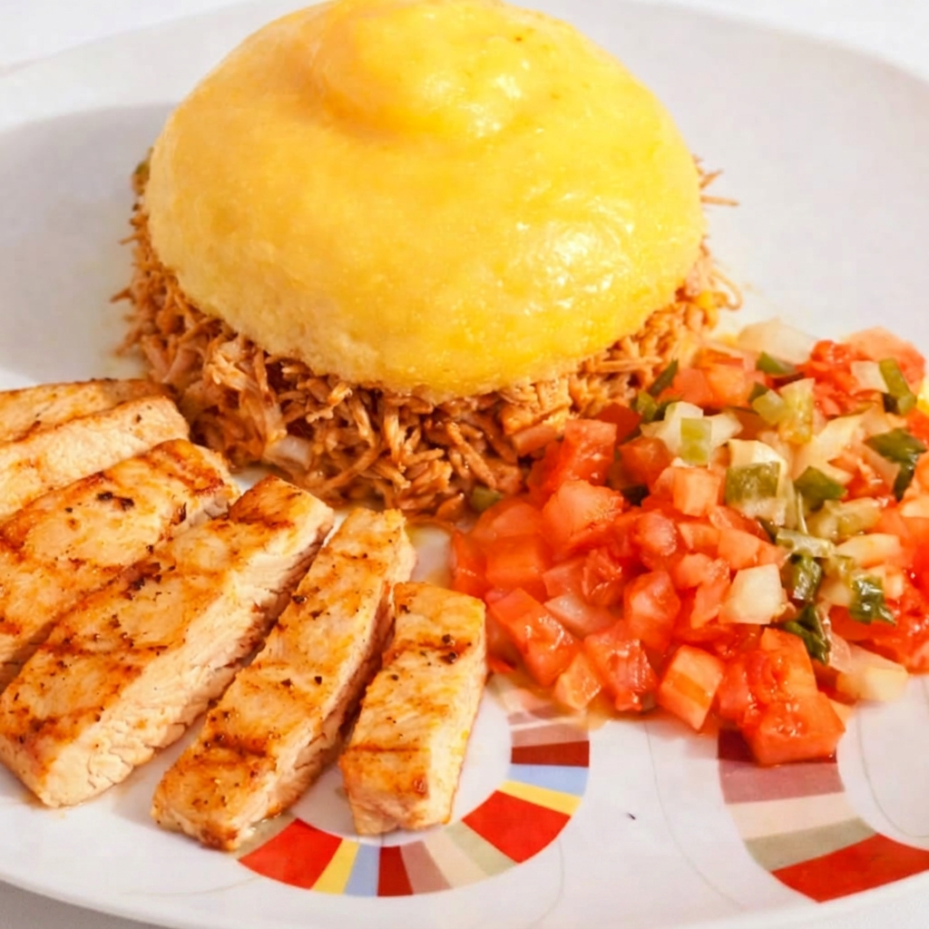 Cuscuz recheado com frango desfiado, acompanhado de tiras de peito de frango grelhado, vinagrete fresco e finalizado com manteiga por cima, trazendo sabor e suculência em cada mordida.