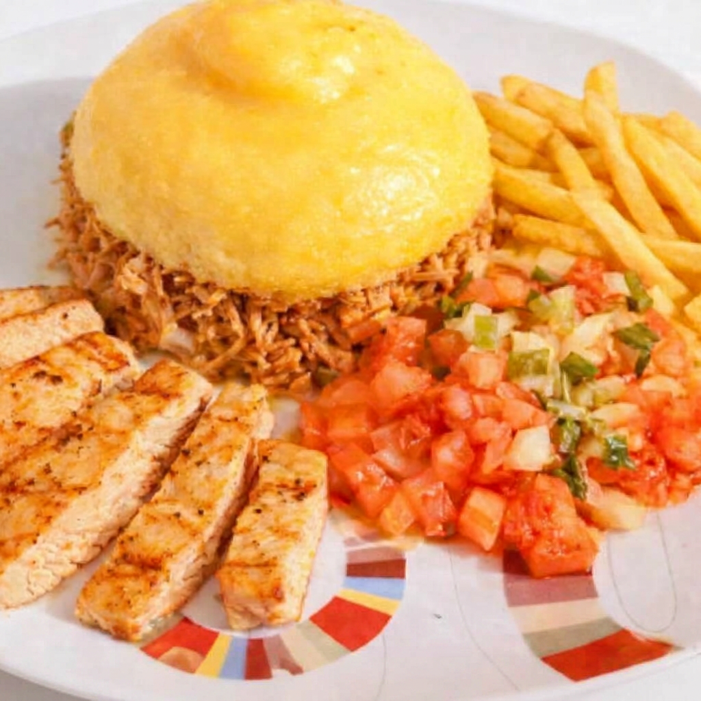 Cuscuz recheado com frango desfiado, acompanhado de tiras de peito de frango grelhado, vinagrete fresco, batata frita e finalizado com queijo mussarela por cima ,trazendo sabor e suculência em cada mordida.