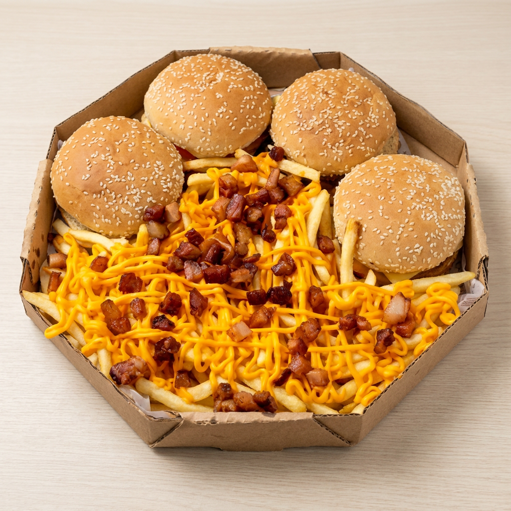 4 X Burguão + Batata com Bacon e Cheddar - Pão com gergelim , Carne , Queijo , Billy Jack , Alface , Tomate