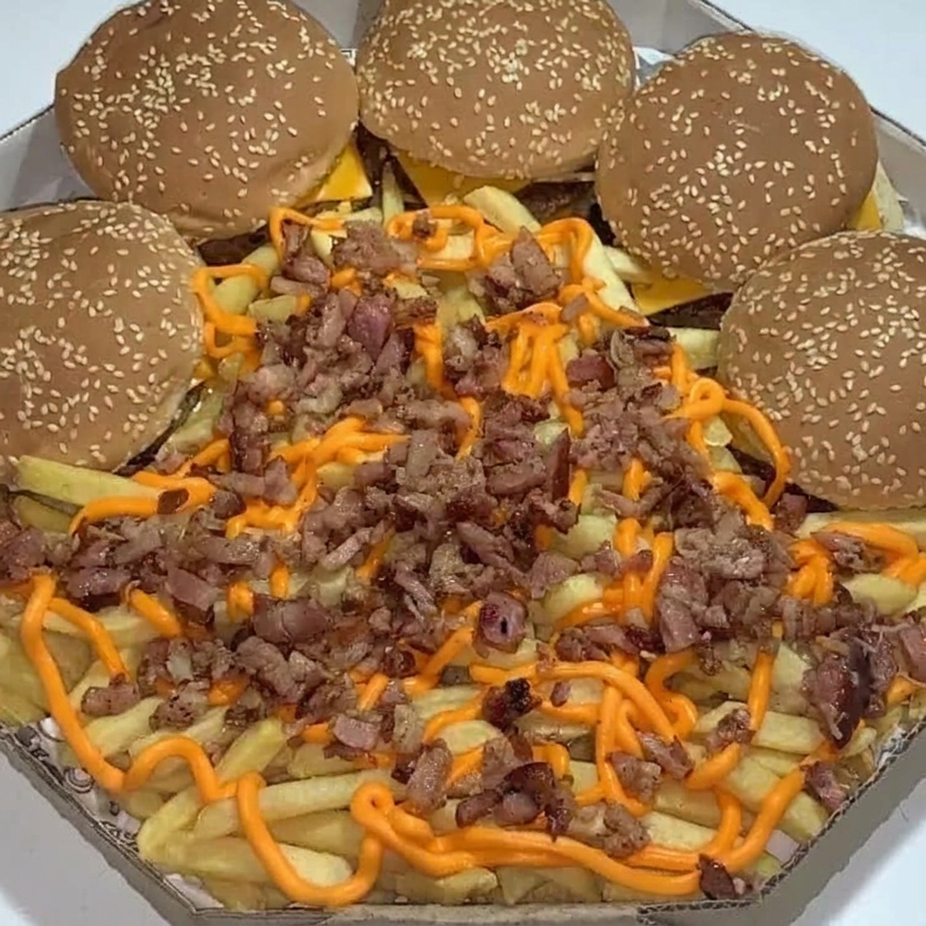 5 X Burguão + Batata com Bacon e Cheddar - Pão com gergelim , Carne , Queijo , Billy Jack , Alface , Tomate