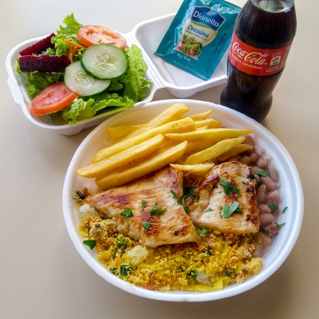 Filé de frango grelhado na brasa, douradinho e suculento, acompanhado de arroz soltinho, feijão, farofa caprichada, batata frita e salada fresca. Um pratão completo, saboroso e bem servido, com aquele gostinho de comida feita na hora! 500 Gr
