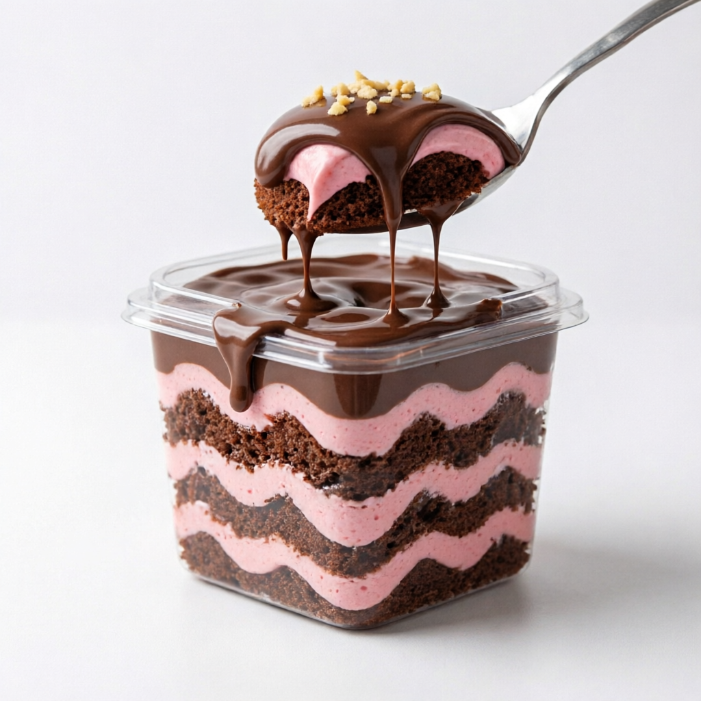 Bolo de chocolate macio intercalado com mousse leve de morango e pedaços de chocolate que derretem na boca. Um clássico intenso, cremoso e apaixonante. Serve 1 pessoa.