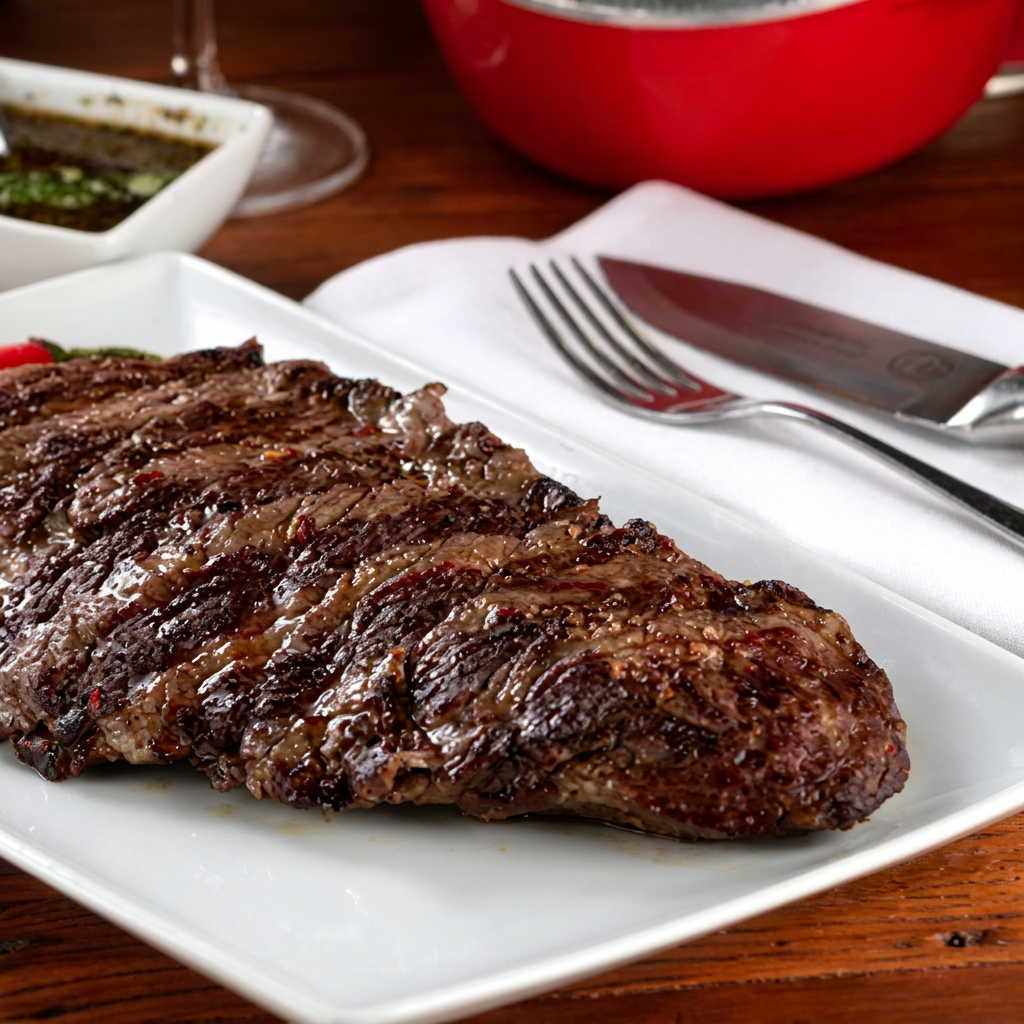 Carne grelhada no ponto certo, macia e bem temperada, feita para agradar sem pesar