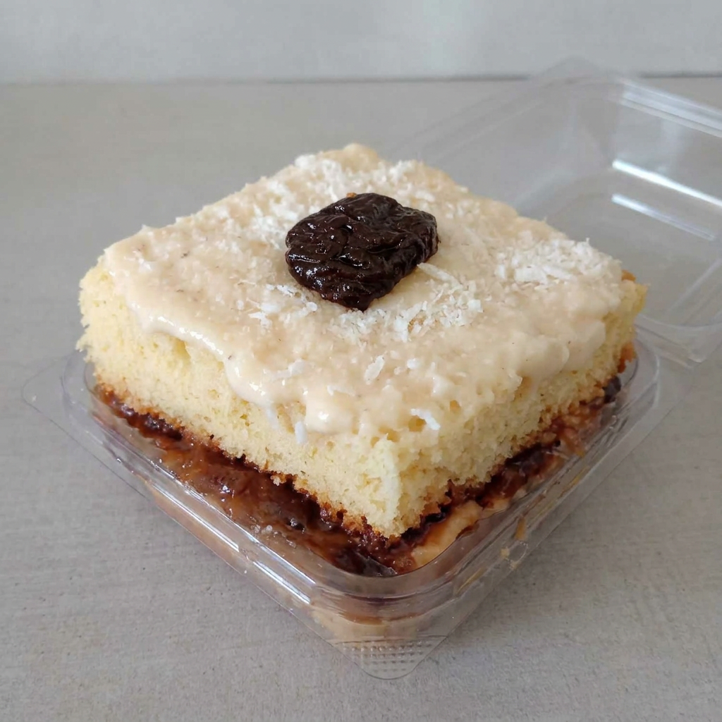 Massa branca fofinha com recheio de doce de leite, ameixa em calda e brigadeiro de coco.