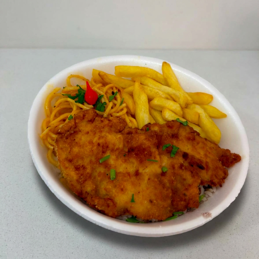 Acompanha: Arroz, Feijão, Macarrão, Batata frita e Milanesa de Frango