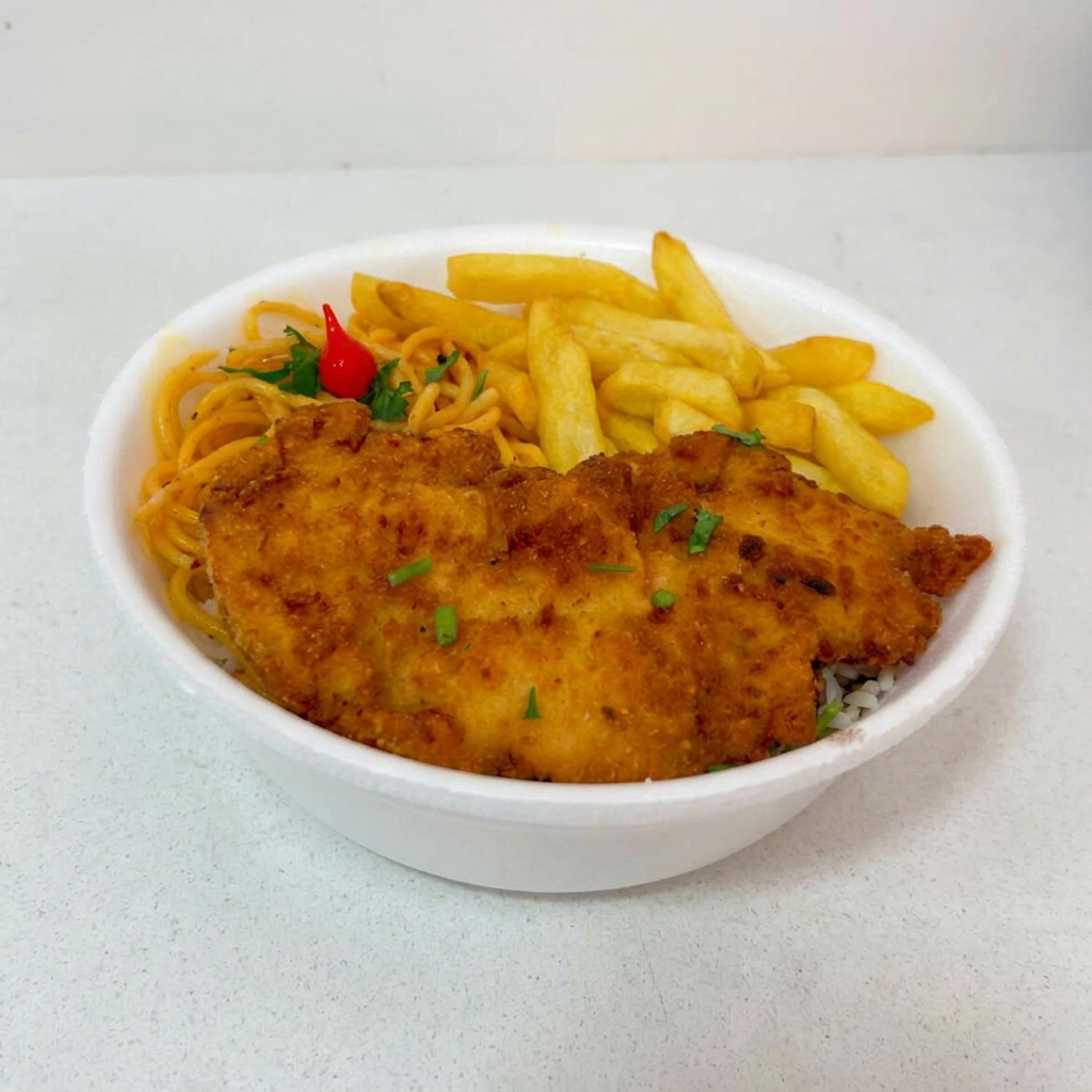 Acompanha: Arroz, Feijão, Milanesa de Frango, Macarrão e fritas