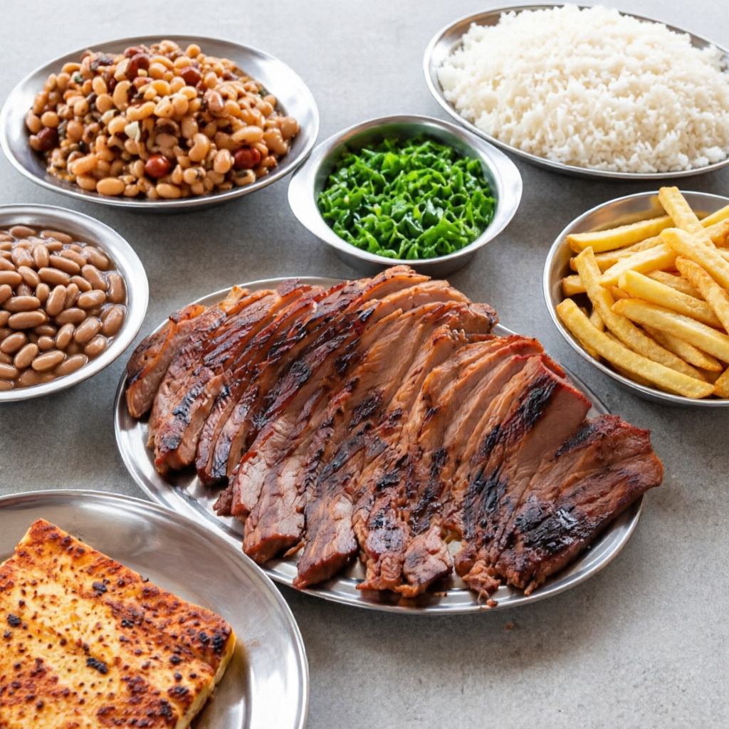 Cupim Na Brasa Assado Lentamente, Extremamente Macio e Suculento, Com Arroz, Feijão Tropeiro, Mandioca e Fritas Crocantes. Prato Completo Que Satisfaz! Peça Agora!