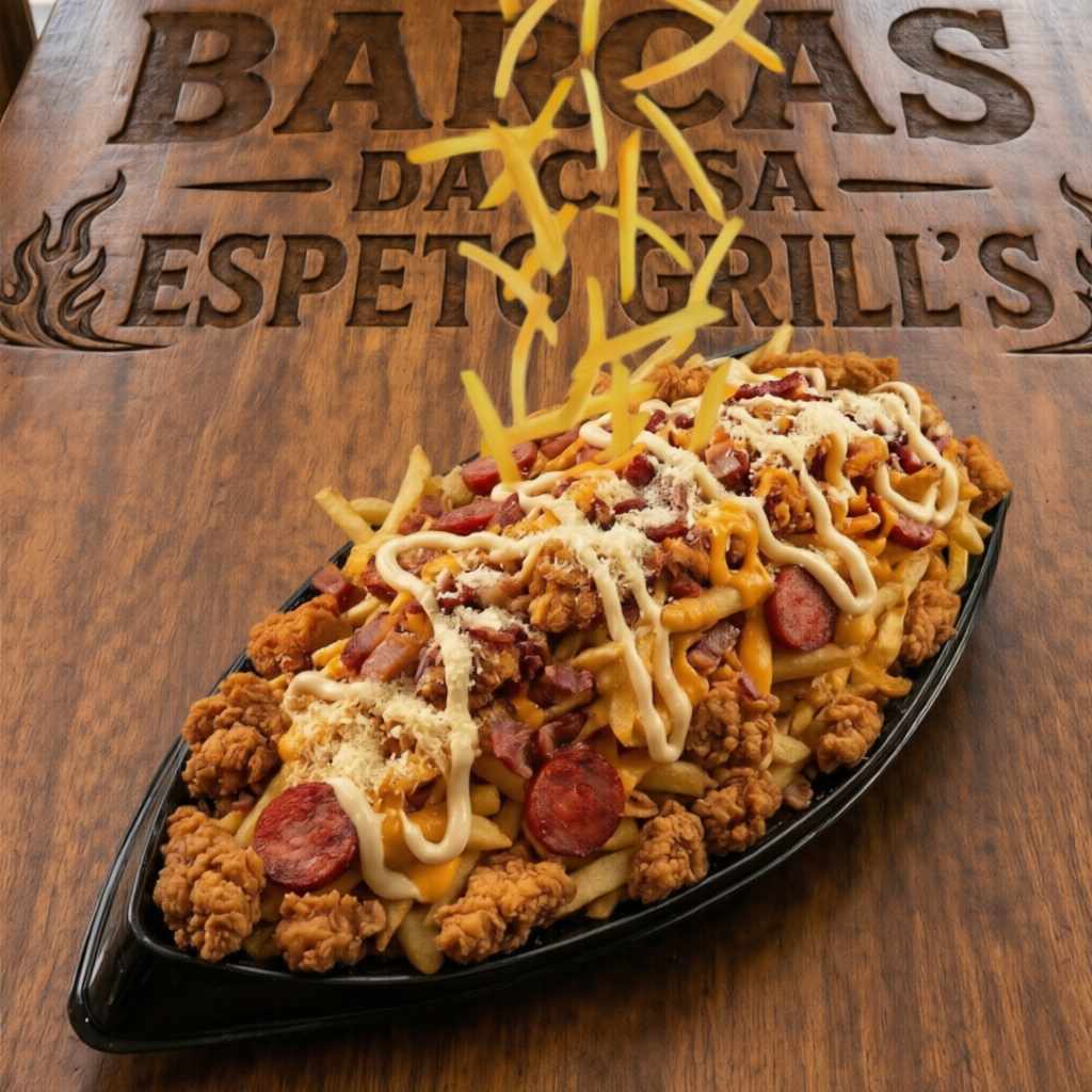 Batata frita crocante coberta com muito frango a passarinho, calabresa suculenta e bacon crocante, finalizada com cheddar cremoso, catupiry, maionese, ketchup e queijo ralado. Uma verdadeira explosão de sabor que dá água na boca!