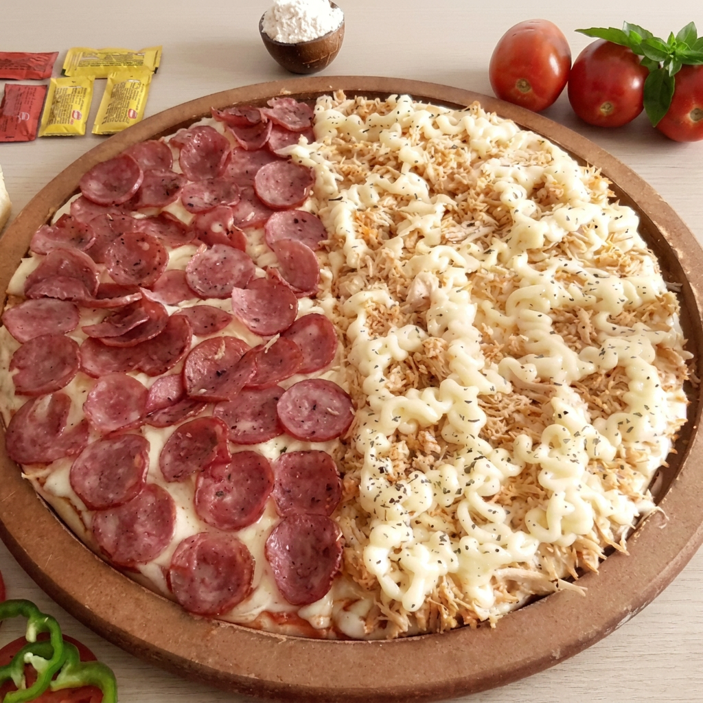 A Pizza Média 1/2 Frango com Catupiry 1/2 Calabresa combina o cremoso frango desfiado com Catupiry de um lado e a calabresa temperada do outro. Uma opção deliciosa e perfeita para compartilhar, que agrada a todos os paladares!