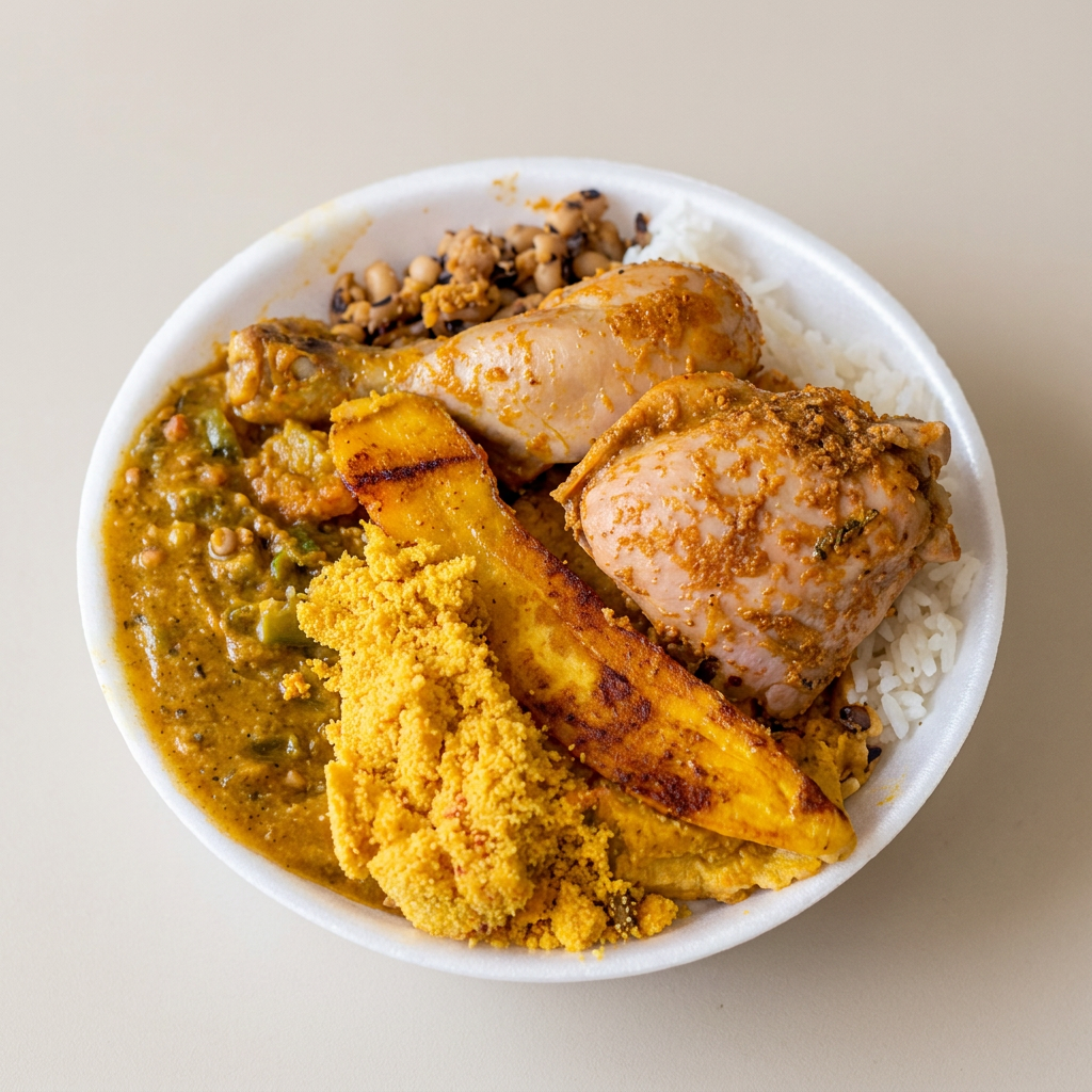 Vatapá, Caruru, arroz, feijão fradinho, farofa, banana e frango.